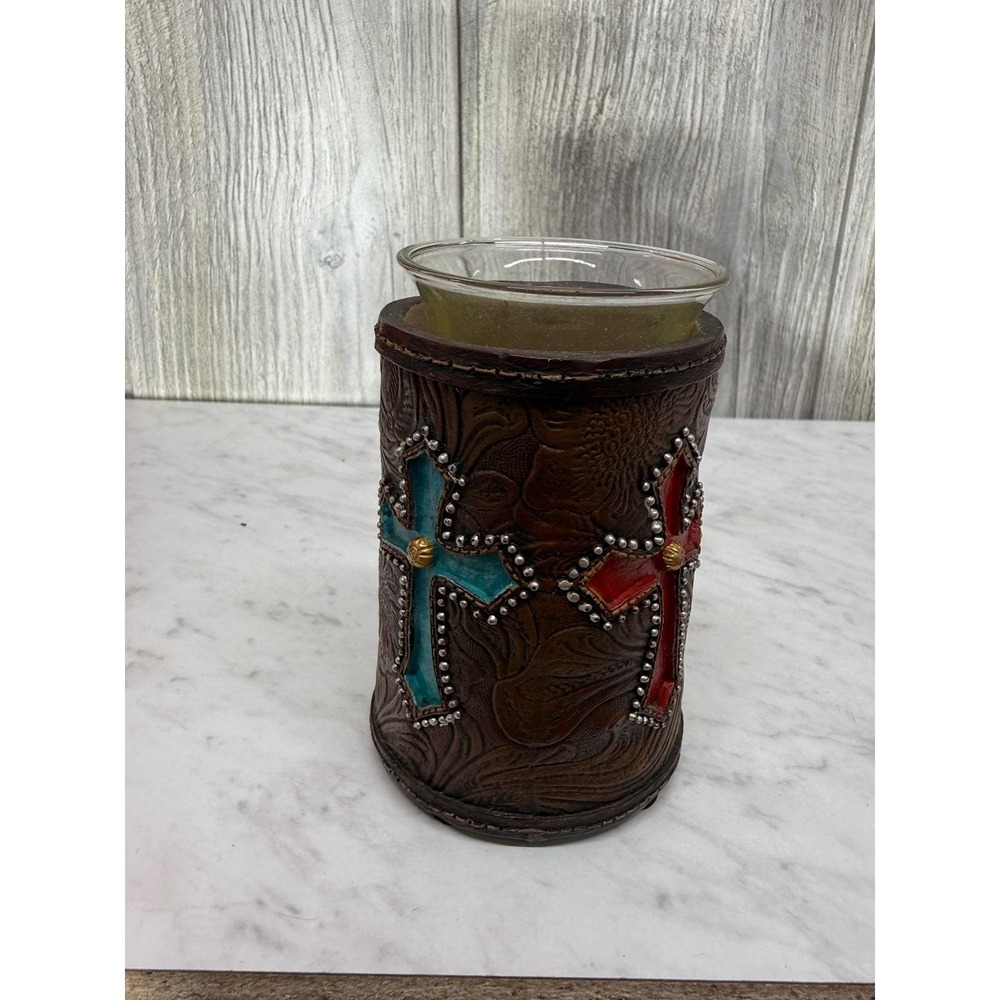 Western Tooled Faux Leather Cross Candle Holder Glass Votive Turquoise Red Brown